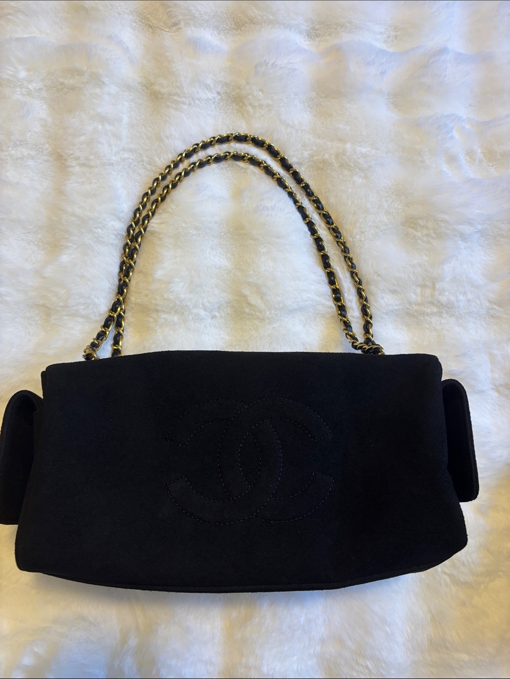 Black Suede Shoulder Bag with Gold Chain